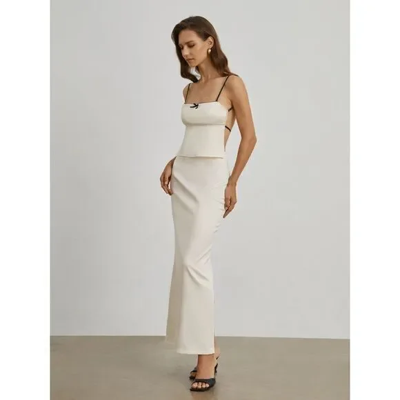 Commense Satin Elegant beige Spaghetti Straps and Bow Detail Maxi Skirt set S - Picture 4 of 15